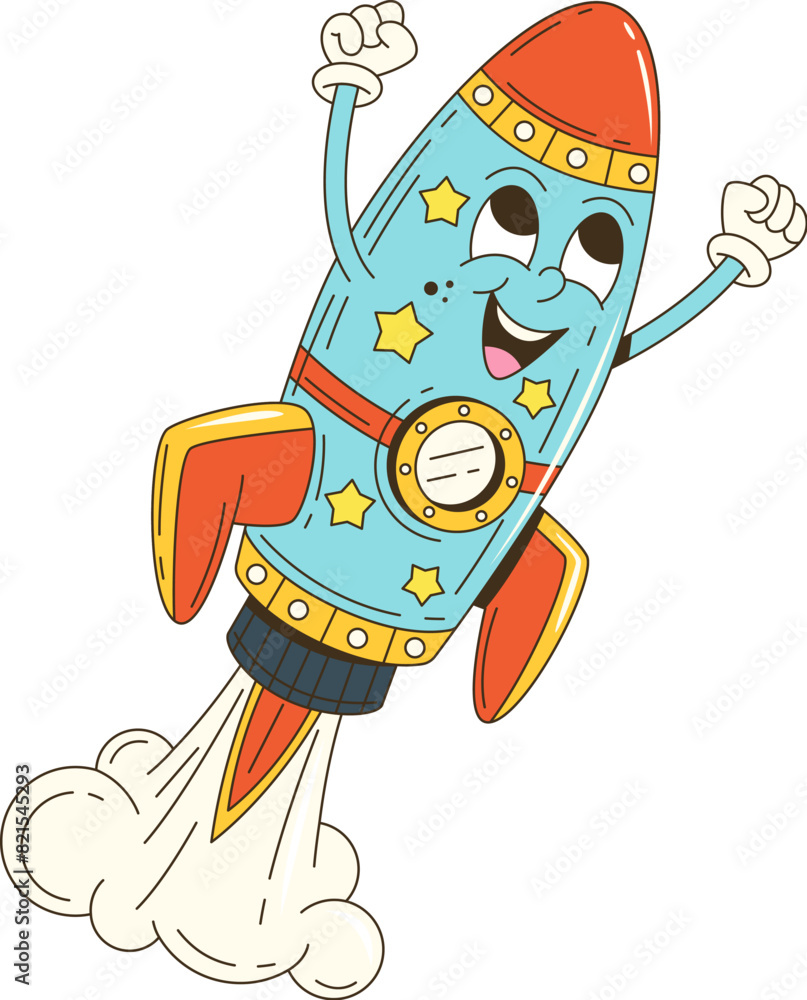 Leinwandbilder cartoon groovy space rocket retro character with funky face, vector 70s hippie comic. groovy funny r