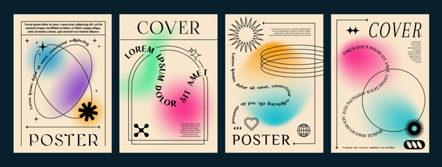 Aesthetic gradient y2k posters with abstract blurred shapes, line frames and elements. Vector trendy graphics of outline star, heart, sun and sparkle, arch and circle on pastel gradient background set