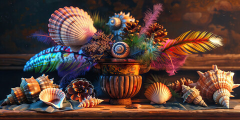 Neon Neonature: A bright and colorful collection of natural objects, such as seashells, pinecones, and feathers, arranged in a rustic vase on a wooden desk