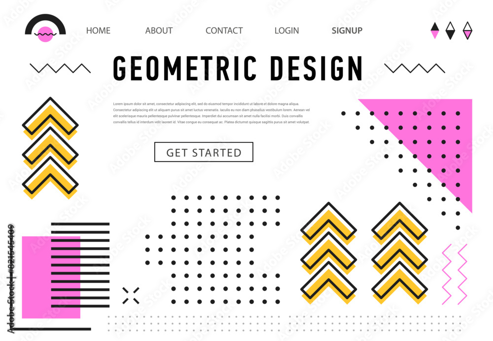 Aufkleber Abstract geometric memphis landing page. Business project website template, startup launch landing page vector background. Company social media homepage layout template with colorful Memphis element