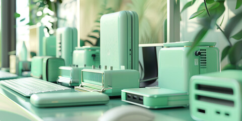 Minty Green Gadgets: An array of sleek, mint-green tech devices lined up neatly on a modern desktop
