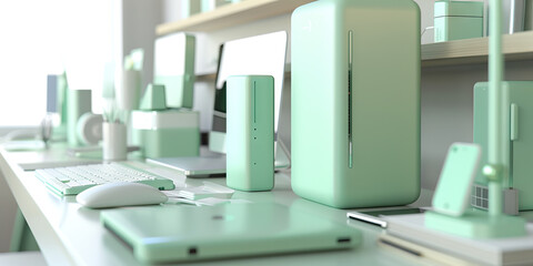 Minty Green Gadgets: An array of sleek, mint-green tech devices lined up neatly on a modern desktop
