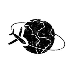 Airplane orbiting earth black hand drawn icon in grunge look