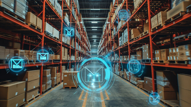 modern artificial intelligence technology for warehouse logistics business management, virtual reality digital software management systems - Powered by Adobe
