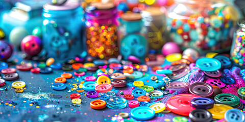 Electric Blue Ephemera: A vibrant assortment of colorful buttons and knick-knacks scattered across a messy desk