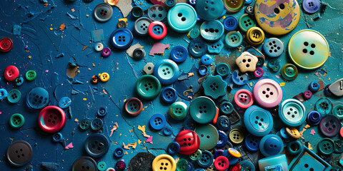 Electric Blue Ephemera: A vibrant assortment of colorful buttons and knick-knacks scattered across a messy desk