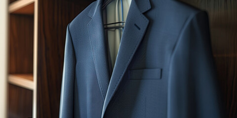 Navy blue suit jacket: A crisp navy blue suit jacket hangs in a closet