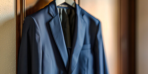 Navy blue suit jacket: A crisp navy blue suit jacket hangs in a closet