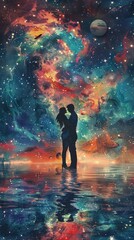 Craft a dreamy, watercolor-infused scene of a romantic embrace under a starlit space sky, with ethereal hues and swirling galaxies