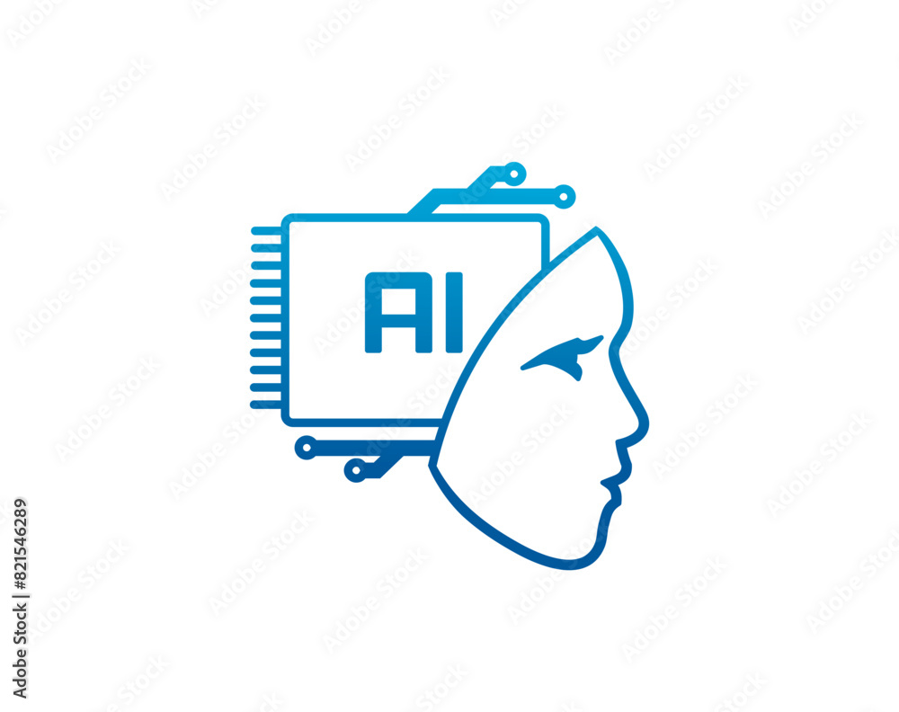 Fototapete artificial intelligence icon, machine learning symbol of ai head with brain chipset, vector emblem. 