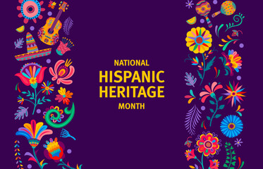 National Hispanic heritage month banner with tropical flowers, sombrero and musical instruments, vector decorative borders. Hispanic Americans ethnic culture, tradition and Latin art background