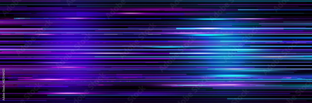 Poster Digital game glitch background. Abstract vector glitchy backdrop in blue and purple hues. Speed and digital error effect with horizontal glowing lines, tv screen with dynamic pattern and noise