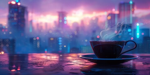 A steaming cup of black coffee on the table, futuristic cityscape in background, hyper realistic sci fi style, golden hour lighting, blue and purple hues