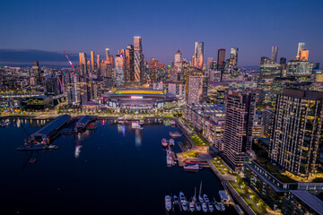 A view of the Melbourne City Skyline from the Docklands during sunset