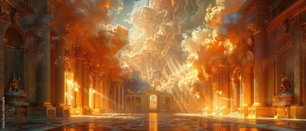 Poster a massive, golden structure with a dome on top is surrounded by a cloud of flames. the fire is orang