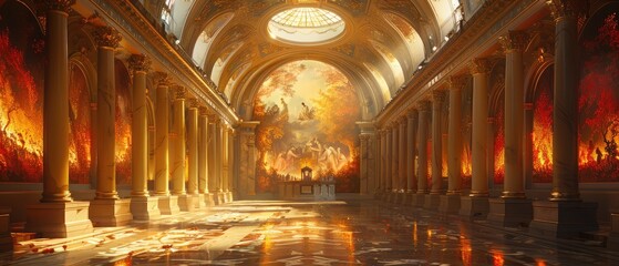 Obraz premium A cloud of fire encircles a huge, golden edifice with a dome on top. It appears that the orange and yellow flames is emanating from the building. The scene is powerful and highly dramatic.