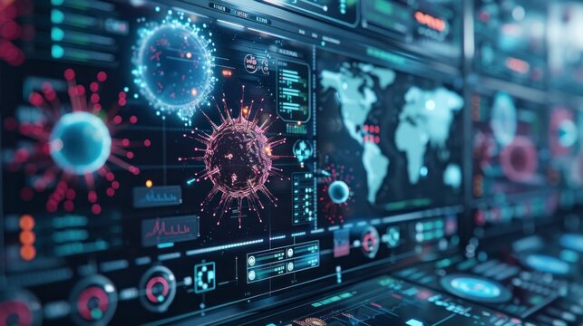Antivirus software interface front view - Protection against cyber threats (technology tone, Tetradic color scheme)