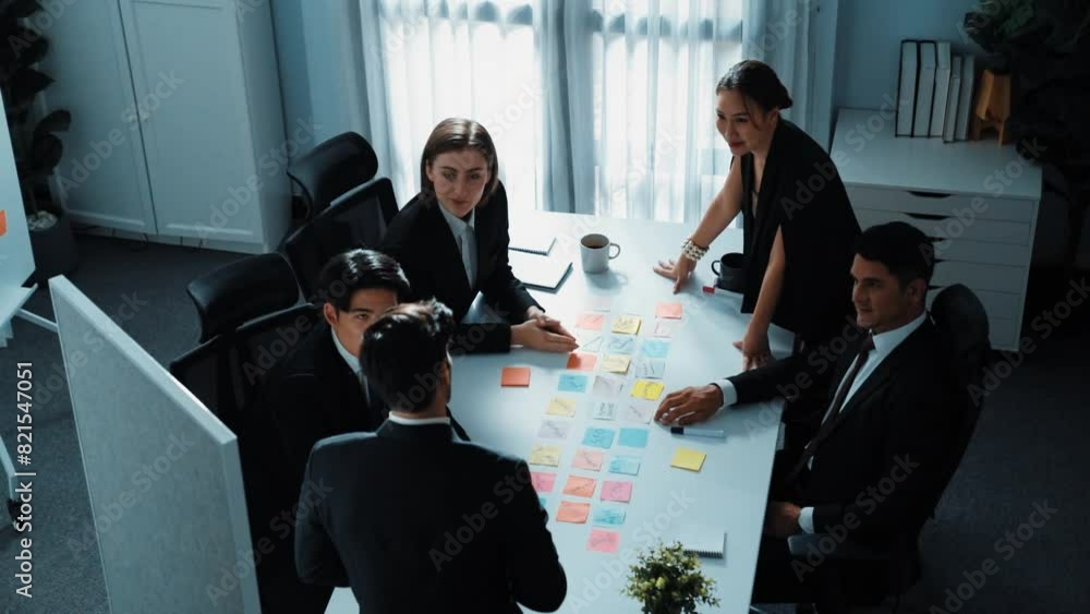 Poster top view of professional project manager present idea while diverse team putting hands together and 