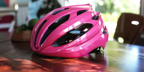 Magenta bike helmet: A bright magenta bike helmet sits on a table, waiting for its next adventure on the open road