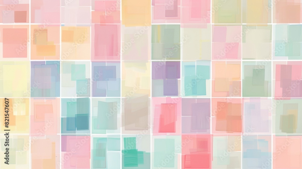 Poster a digital abstract painting featuring a grid of colorful square patterns with a pastel color palette