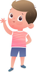 Cute little boy character design, graphic illustration of a caucasian schoolboy waving with hand. Cartoon for preschool children, male pupil mascot. Colorful isolated vector character clip art.