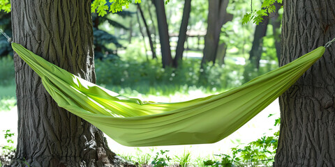 Lime green hammock: A hammock with a lime green color swings gently between two trees, inviting someone to take a nap
