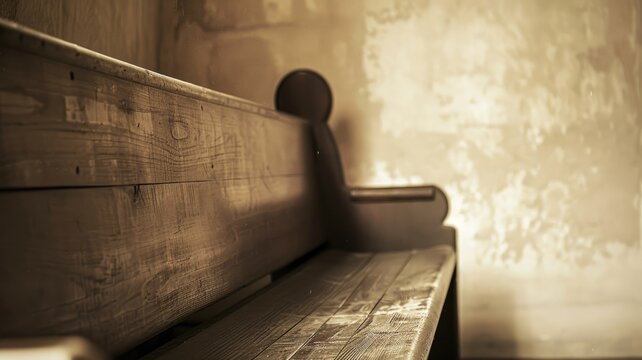 Empty wooden church pew in aged, rustic interior