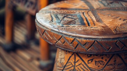 Intricately carved wooden African stool with geometric patterns
