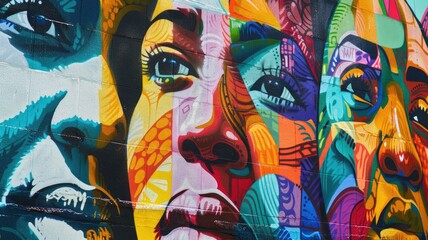 Colourful mural depicts diverse faces with intricate patterns