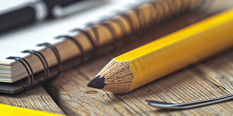 Sunflower Yellow Pencil: A pencil with a bright sunflower yellow eraser sitting on a wooden desk, next to a notebook and a pen - Powered by Adobe