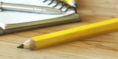 Obraz premium Sunflower Yellow Pencil: A pencil with a bright sunflower yellow eraser sitting on a wooden desk, next to a notebook and a pen