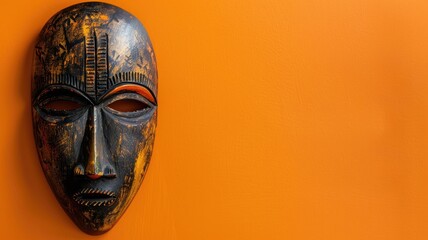 Traditional African mask with distinctive carvings on vibrant orange background