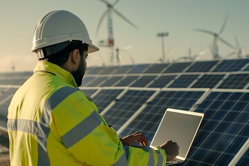 Saudi Arabian Gulf man engineer wearing a white helmet and yellow work protection jacket using a laptop and renewable solar energy stations panel background.