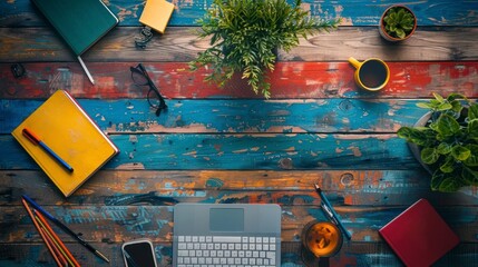 Setup for an online school session top view - Transitioning traditional classrooms to digital platforms (technology tone, vivid)