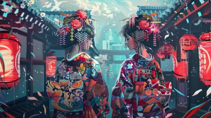  Allies, Revolutionary Spirit, techno-futurism line, traditional Japanese kimono patterns, 8k