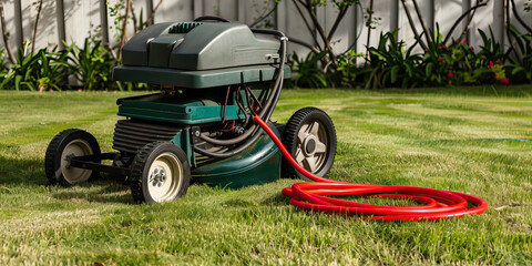 Fototapeta premium Forest Green Lawn Mower: A vintage, forest green lawn mower parked beside a pristine lawn, with a red garden hose coiled nearby