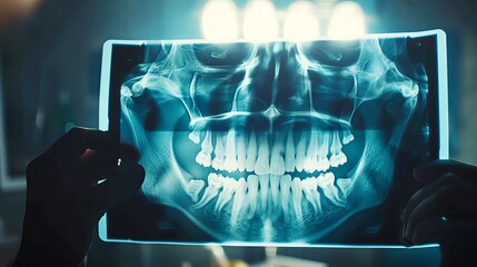 Hand holding dental xray film or print showing jaw and teeth, closeup. Cinematic light. Shot in the style of Nikon D850 with an 2470mm f/3.6 lens at F from 9 ISO G on style raw, hyper realistic.