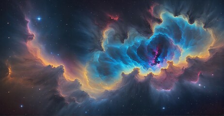 Nebular Embrace: Central Spiral Galaxy Enveloped in Azure Veils
