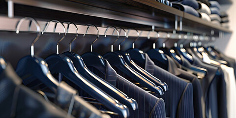 Elegant Menswear Organization: A tidy closet showcasing an array of navy blue suit hangers, neatly displaying a variety of suits and accessories.