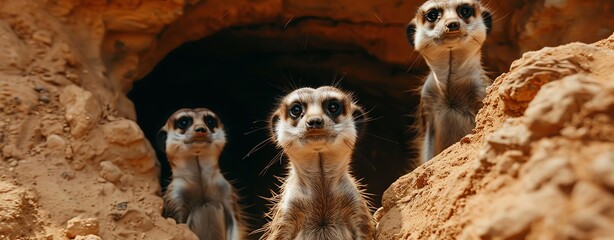 Group of meerkats standing in front the entrance to their cave, photo on canon eos r5 , close up shot