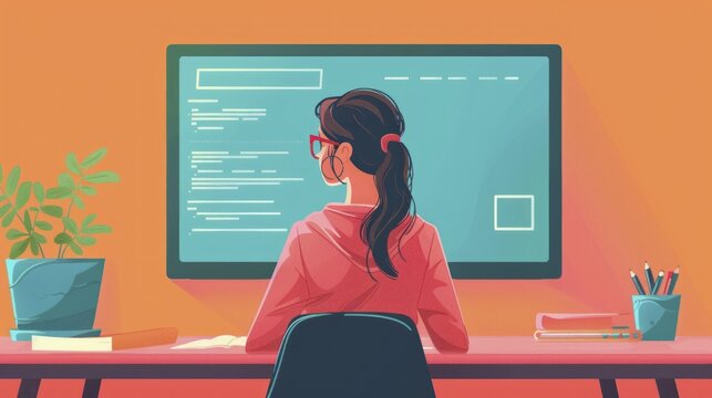 Teacher setting up for an online class session side view - Adapting educational methods for remote learning (technology tone, vivid)