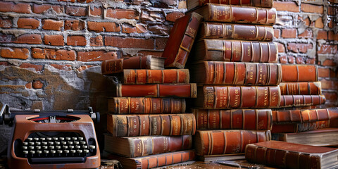 Timeless Tome Treasures: A serene display of weathered hardback novels, carefully arranged on an aged wood bookshelf, with a vintage typewriter resting on the nearby writing desk.