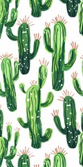 Cute Green Cactus Design Pattern Digital Paper l Fresh Soft Color Cacti White Background Wallpaper l Watercolor Saguaro Juicy Plant in Desert Decoration 