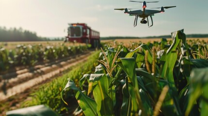 A drone flying over a lush cornfield with a tractor in the background during a sunny day.