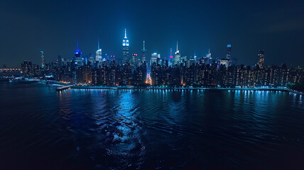 Fototapeta premium Panoramic cityscape at night with illuminated buildings reflecting in the calm water of a river