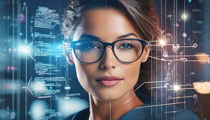 Software, data hologram and woman with code analytics, information technology and gdpr overlay. Programmer coding or IT person in glasses reading html script, programming and cyber security research