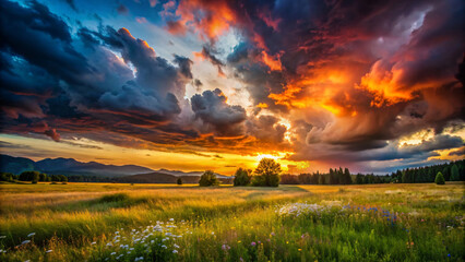 Obraz premium Beautiful summer landscape with a glowing sunset over a green field