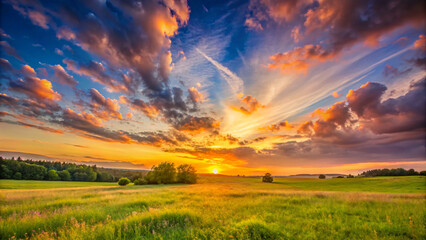 Beautiful summer landscape with a glowing sunset over a green field