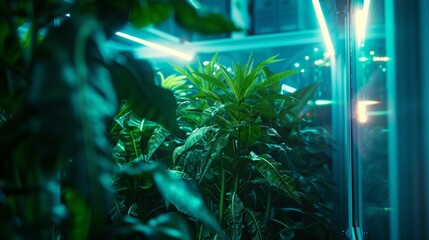 A futuristic indoor botanical garden with lush green plants illuminated by neon blue lights in a controlled environment.