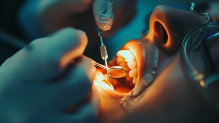 Dental patient getting dental work in the mouth close up on an implant with glowing golden light, professional photography of a high quality and depth showing the work in the style of a dental profess